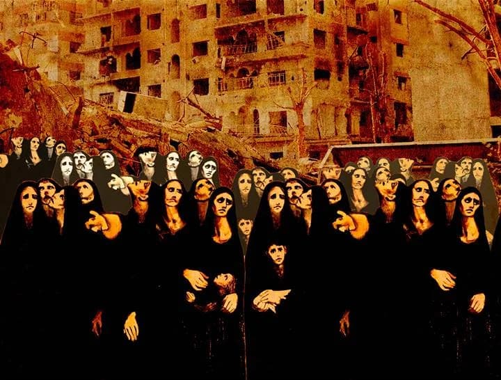 Artwork depicting people gathered in a city